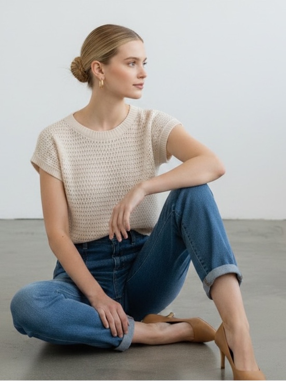 Crewneck Short Sleeve Knit Top in Cream - Picture 7 of 8
